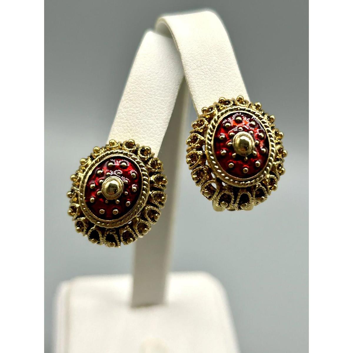 Joan Rivers Red Enamel Gold Tone Textured Royal Oval Clip On Earrings 37$